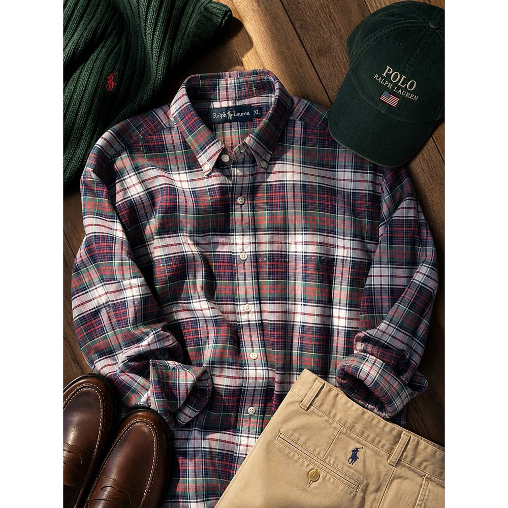 Ralph Lauren Plaid Button Down Shirt XL Preppy Red Green Blue
